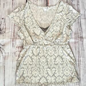 Marilyn Monroe Gray & White Damask Print Babydoll Top Sz Medium NWOT